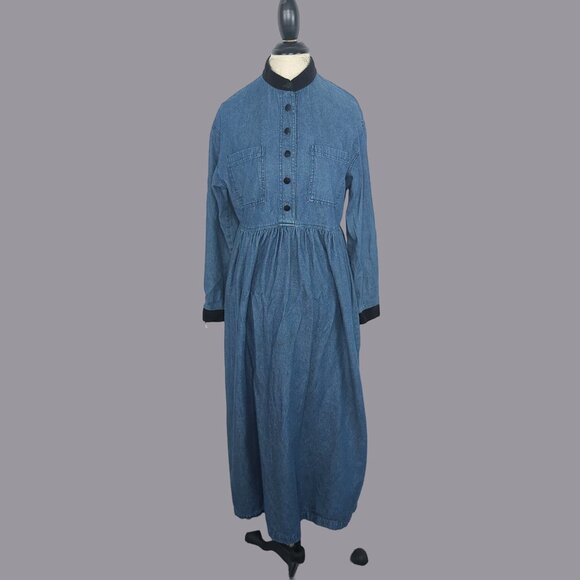 Vintage Jaclyn T Dress Medium Blue Jean Maxi Victorian - Picture 1 of 11